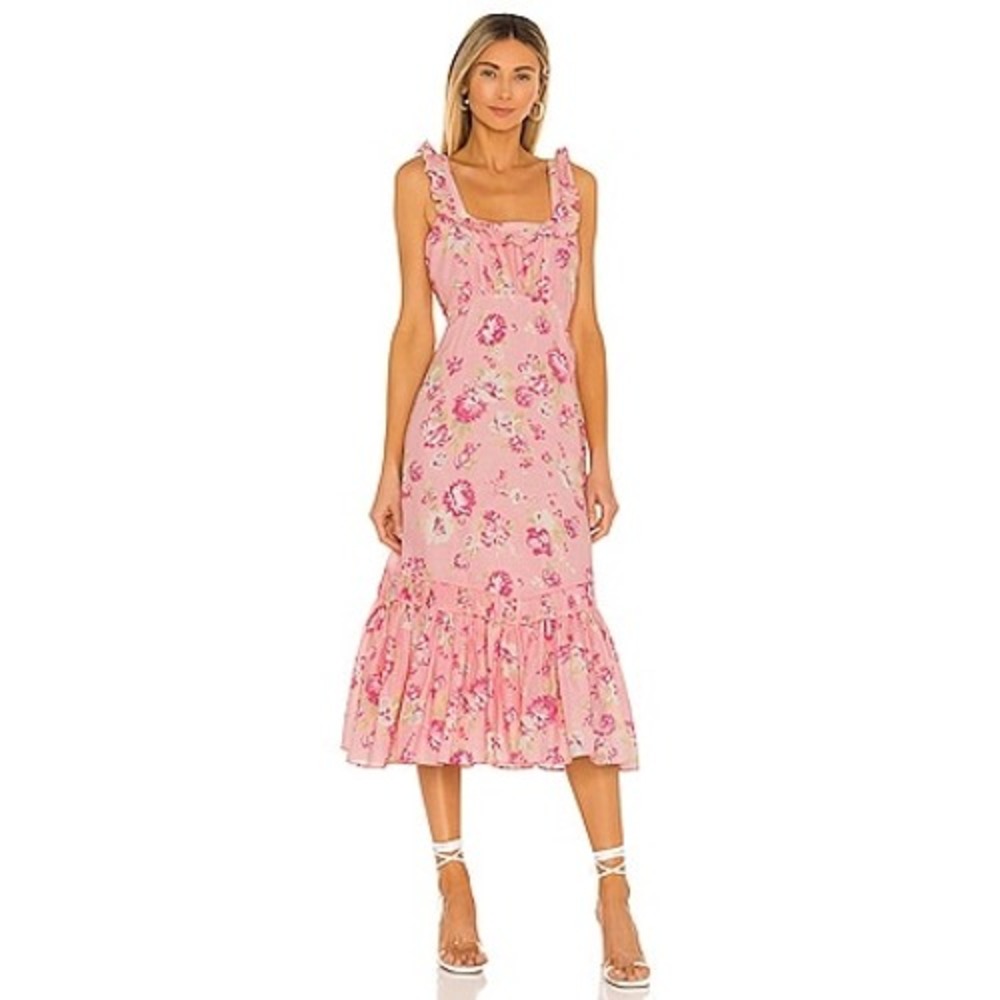 LoveShackFancy Weslan Dress Women Size 2 Pink Azaleas Floral Cotton Silk Midi